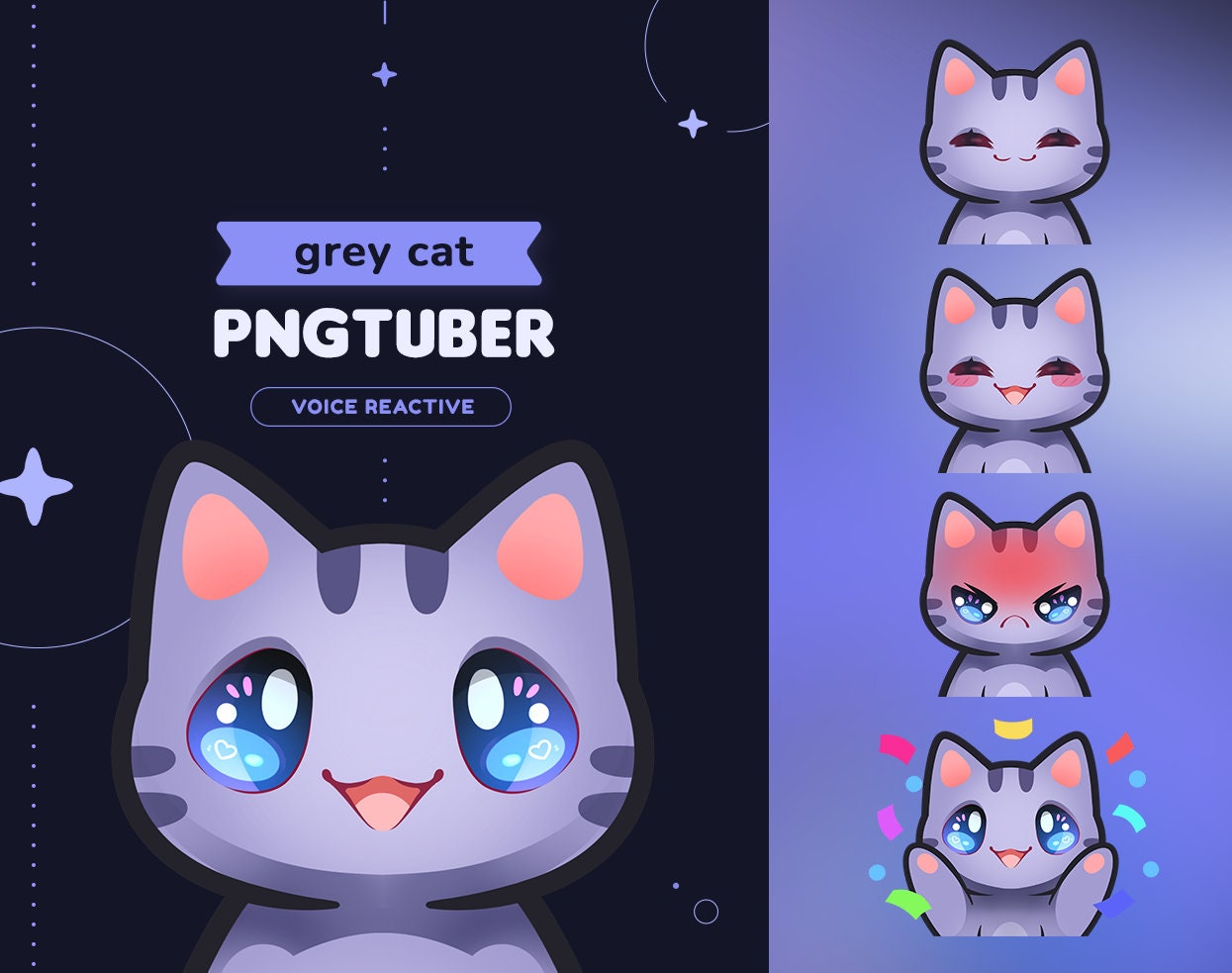 Grey Cat PNGtuber Model | Stream Mascot 5 Expressions & 14 Files for OBS and Discord | Voice Reactive | Twitch Streamer Vtuber V-tuber