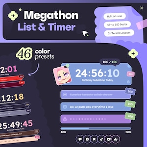 May include: A digital overlay graphic titled Megathon List & Timer featuring a countdown clock, progress bars, and task lists in shades of purple and blue. It includes text elements like 46 color presets, Multistream, and UP to 100 Goals.