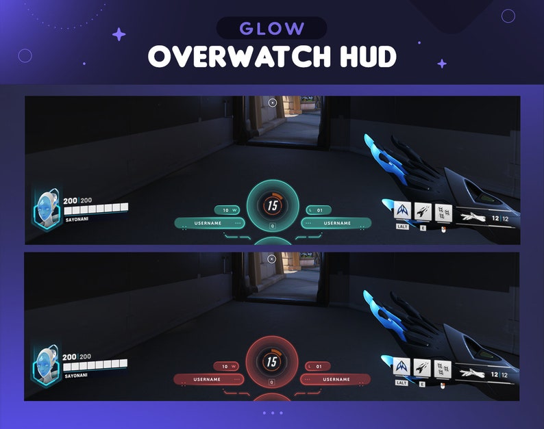 May include: A video game HUD with a blue and green color scheme. The HUD displays the player's health, ammo, and other information. The game is Overwatch.