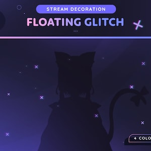 May include: A silhouette of a cat with a glitchy, pixelated effect. The background is a dark purple with pink and blue glitching effects. The text "FLOATING GLITCH" is at the top of the image. The text "4 COLORS" is at the bottom of the image.