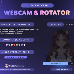 Pu&ograve; includere: Una grafica viola e blu con il testo "Cute Browser Webcam & Rotator" e un widget di rotazione delle etichette con il testo "ultimo follower / abbonato / donazione / cheer / raid donatore mensile top / cheerer donatore top di tutti i tempi / cheerer". La grafica include anche il testo "Disponibile in (8) colori" e mostra otto campioni di colore. La grafica include anche il testo "(10) Icone diverse" e mostra dieci icone. La grafica include anche il testo "(3) Dimensioni" e mostra tre dimensioni: 1:1, 4:3 e 16:9. La grafica include anche il testo "Codificato su SE ma funziona con ogni OBS" e il testo "VTuber Friendly".