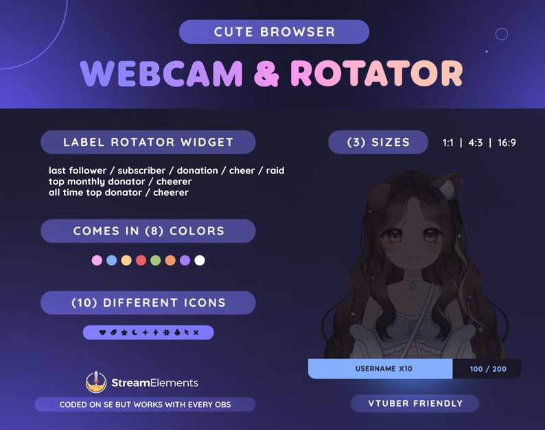 Pu&ograve; includere: Una grafica viola e blu con il testo "Cute Browser Webcam & Rotator" e un widget di rotazione delle etichette con il testo "ultimo follower / abbonato / donazione / cheer / raid donatore mensile top / cheerer donatore top di tutti i tempi / cheerer". La grafica include anche il testo "Disponibile in (8) colori" e mostra otto campioni di colore. La grafica include anche il testo "(10) Icone diverse" e mostra dieci icone. La grafica include anche il testo "(3) Dimensioni" e mostra tre dimensioni: 1:1, 4:3 e 16:9. La grafica include anche il testo "Codificato su SE ma funziona con ogni OBS" e il testo "VTuber Friendly".