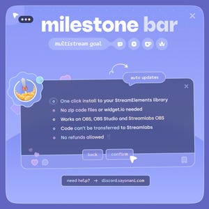 May include: A digital interface with the text "milestone bar" in white. The interface includes a rocket graphic, a "multistream goal" section, and a pop-up window with installation details, including "auto updates" and "confirm" buttons.