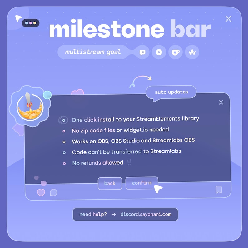 May include: A digital interface with the text "milestone bar" in white. The interface includes a rocket graphic, a "multistream goal" section, and a pop-up window with installation details, including "auto updates" and "confirm" buttons.