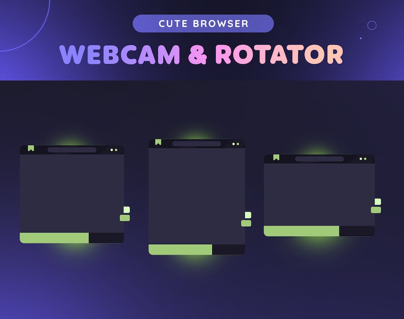 Pu&ograve; includere: Tre finestre del browser con un bagliore verde, etichettate "WEB CAM & ROTATOR" nella parte superiore. Le finestre sono di colore grigio scuro con una barra di avanzamento verde nella parte inferiore.