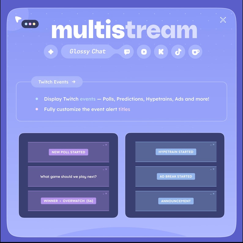 May include: A digital graphic with the word "multistream" in white, along with social media icons. The graphic displays Twitch event features, including polls, predictions, and customizable alert titles. Two rectangular boxes show examples of alerts.