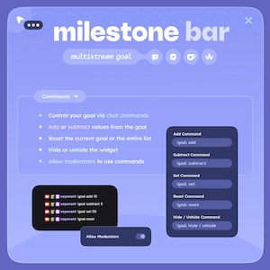 May include: A digital interface with the text "milestone bar" and "multistream goal." It features commands for chat control, goal adjustment, and moderator settings. Includes example commands and a toggle for moderator access.