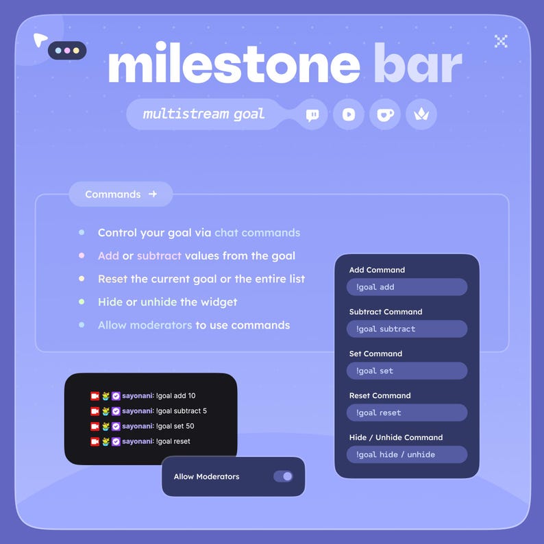 May include: A digital interface with the text "milestone bar" and "multistream goal." It features commands for chat control, goal adjustment, and moderator settings. Includes example commands and a toggle for moderator access.
