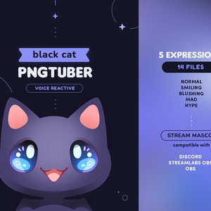 May include: A black cat PNGtuber avatar with 5 different expressions, including normal, smiling, blushing, mad, and hype. The avatar is voice reactive and compatible with Discord, Streamlabs OBS, and OBS.