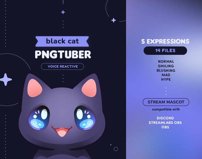 May include: A black cat PNGtuber avatar with 5 different expressions, including normal, smiling, blushing, mad, and hype. The avatar is voice reactive and compatible with Discord, Streamlabs OBS, and OBS.