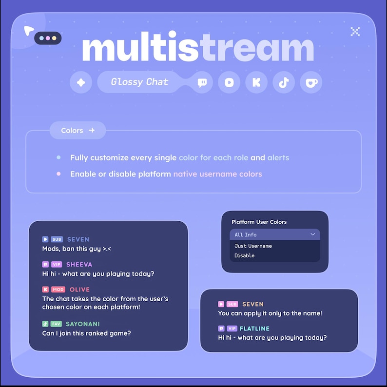 May include: A digital graphic with the word "multistream" in white and purple. The graphic includes options for "Glossy Chat" and color customization. It also shows platform user color options and chat examples.