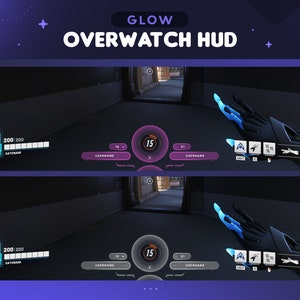 May include: A video game HUD with a pink and blue color scheme. The HUD displays the player's health, ammo, and other information. The text "GLOW OVERWATCH HUD" is displayed at the top of the image.