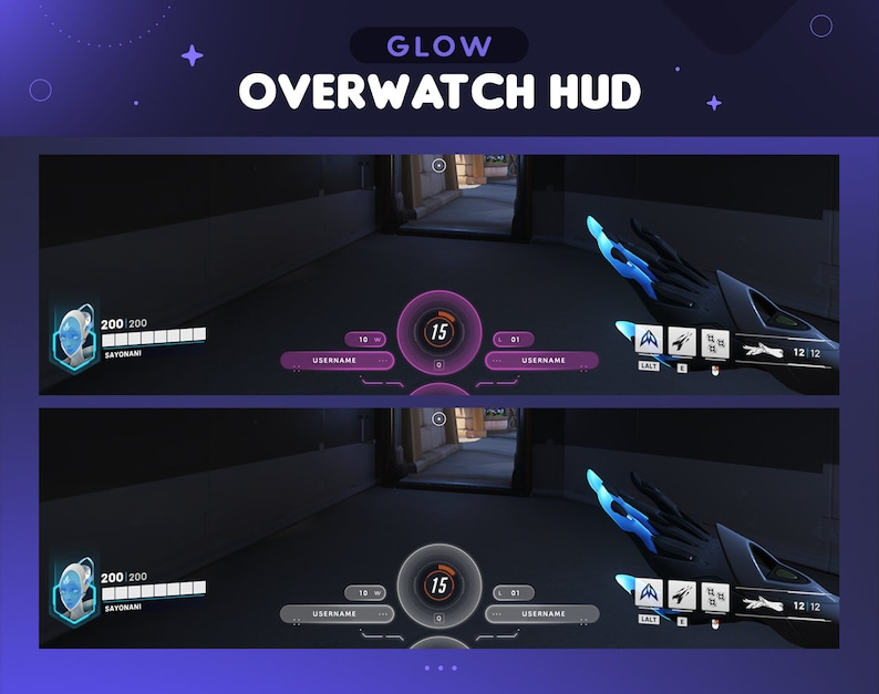 May include: A video game HUD with a pink and blue color scheme. The HUD displays the player's health, ammo, and other information. The text "GLOW OVERWATCH HUD" is displayed at the top of the image.