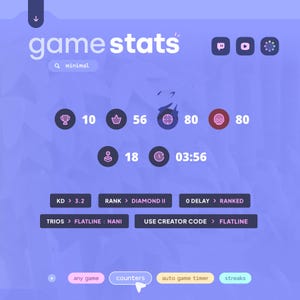 Puede incluir: Una pantalla morada con el texto "game stats" en blanco. La pantalla muestra una variedad de estadísticas, incluyendo victorias, muertes y rango. Las estadísticas se muestran en un estilo minimalista con iconos y números.