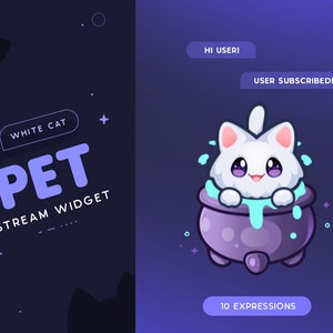 Weiße Katze Strom Haustier | Halloween Animierte Katze Maskottchen Widget für Luftschlangen | Reagiert auf Events & anpassbare Kommandos | 10 Ausdrücke