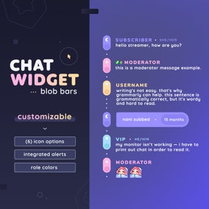 Blobs Chat Widget with Alerts — Minimal Fully Customizable Custom Chat with Events & Role details |  Twitch Streamers |  Streamelements OBS