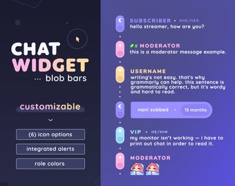 Blobs Chat Widget with Alerts — Minimal Fully Customizable Custom Chat with Events & Role details |  Twitch Streamers |  Streamelements OBS