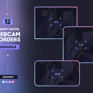 Puede incluir: Doce bordes de cámara web animados con un fondo degradado en colores pastel. Los bordes están en diferentes relaciones de aspecto: 4:3, 16:9 y 1:1.