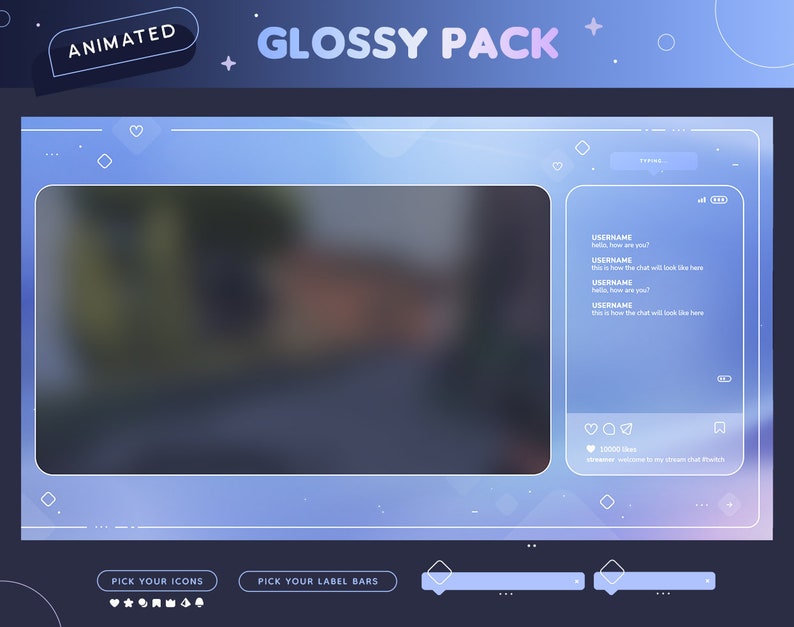 May include: A digital overlay design with a blue and purple gradient background. The design includes a large central video frame, a chat window, and interactive elements. Text includes "ANIMATED" and "GLOSSY PACK".