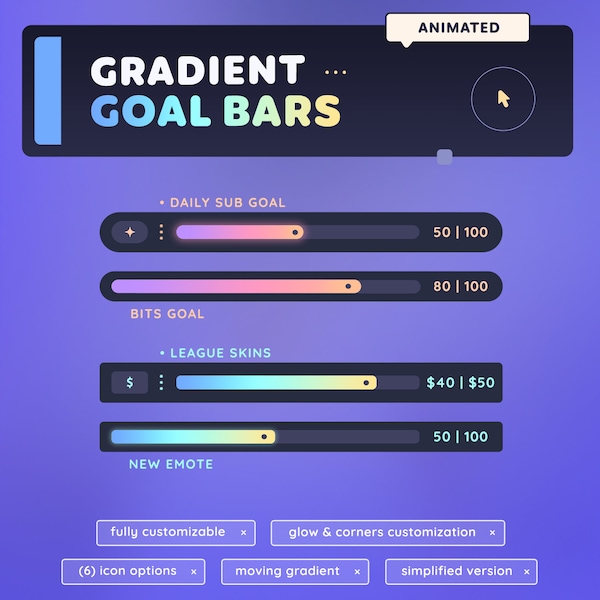 Glow Gradient Goal Widget | Minimal & Cute Goal Bars for Twitch Streamers | Fully Customizable | Streamelements OBS