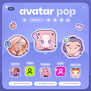 May include: A digital art graphic with the text "avatar pop" in white. The image features three cartoon avatars and smaller avatar icons below. The bottom of the image has the text "Reacts to Everything", "(4) Shapes & Layouts", and "Fully Customizable".