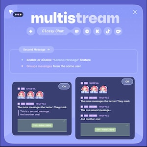 May include: A digital interface for "multistream" with a dark blue background. The interface includes the text "multistream" and "Glossy Chat". It shows a "Second Message" feature with "On" and "Off" options, and example messages.