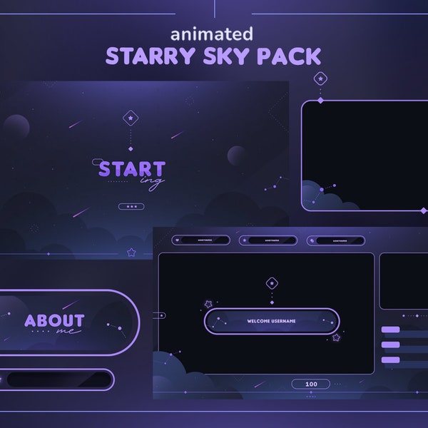 Starry Sky Animated Twitch Pack | Dreamy Midnight Stars Streamer Package | Overlays, Scenes, Transition, Panels, Alerts, Webcam Border
