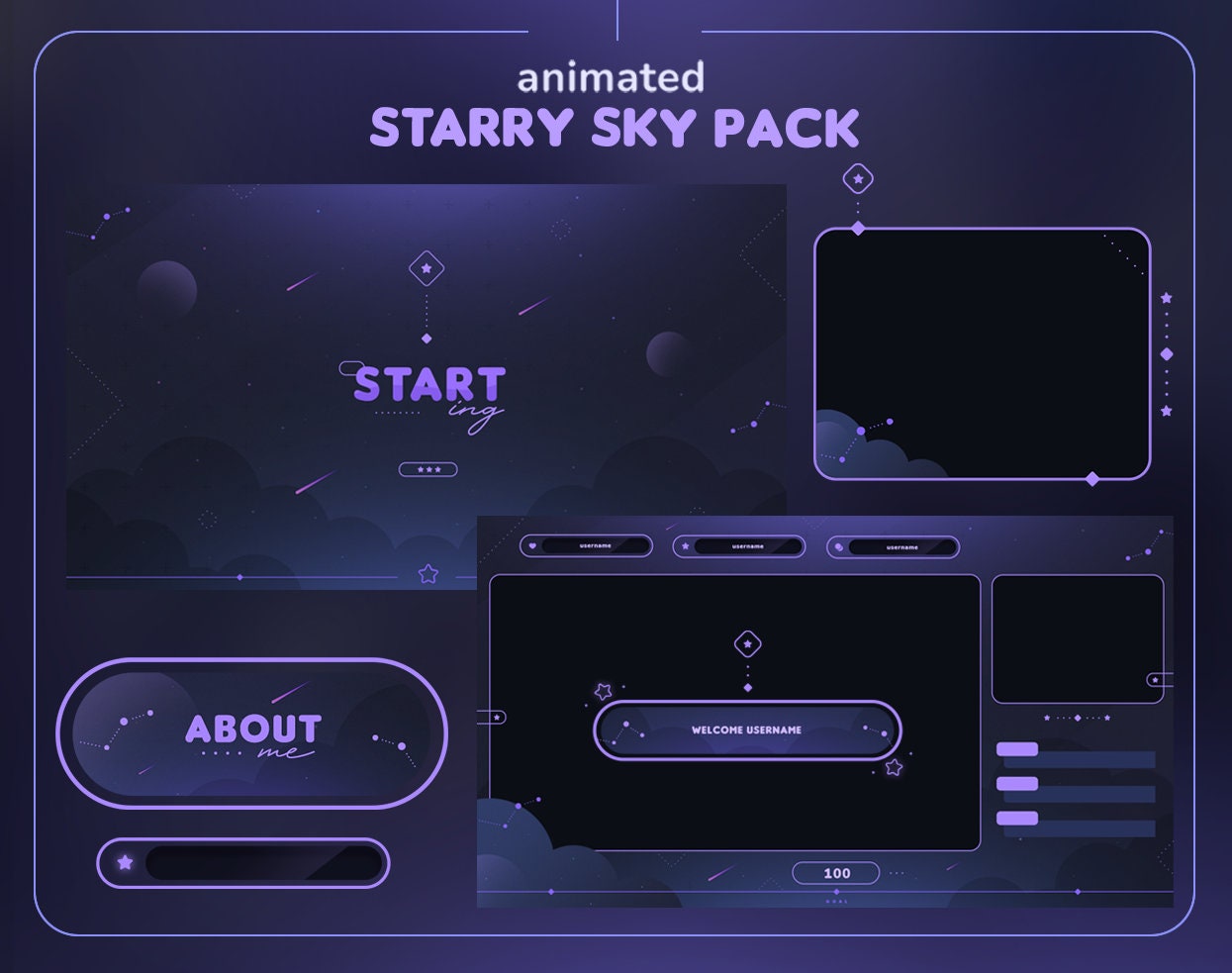 Starry Sky Animated Twitch Pack | Dreamy Midnight Stars Streamer Package | Overlays, Scenes, Transition, Panels, Alerts, Webcam Border