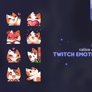 Calico Cat Twitch Emotes Pack ||  8 Cute Kitty Cat Emotes for Twitch and Youtube Streamers or Discord