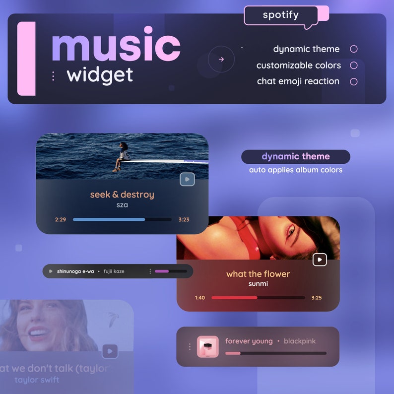 Op de afbeelding: Een screenshot van een muziekwidget in een smartphone-app. De widget toont een lijst met nummers met albumkunst, songtitels, artiesten en afspeelbesturing. De widget bevat ook een dynamische thema-optie die automatisch de albumkleuren toepast.