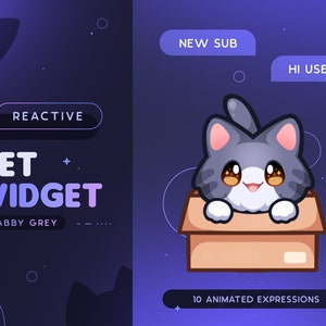Grau getigerte Katze Stream Pet | Niedliche Animierte Katze In Box Maskottchen Twitch Widget | Reagiert auf Events & benutzerdefinierte Kommandos | 10 Ausdrücke
