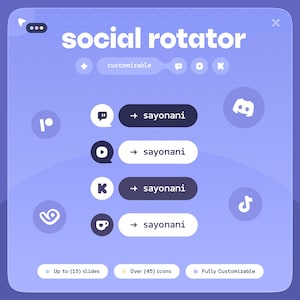 Peut inclure: Graphique numérique avec le texte "social rotator" et le mot "personnalisable". Le graphique comprend des icônes de médias sociaux avec le texte "sayonani" et les phrases "Jusqu'à (15) diapositives", "Plus de (45) icônes" et "Entièrement personnalisable".