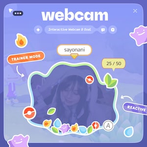 Pode incluir: Interface digital de webcam, com a palavra "webcam" em texto branco. A interface mostra o feed de vídeo de um usuário, o nome "sayonani" e indicadores de progresso. O fundo é um gradiente de azul e roxo.