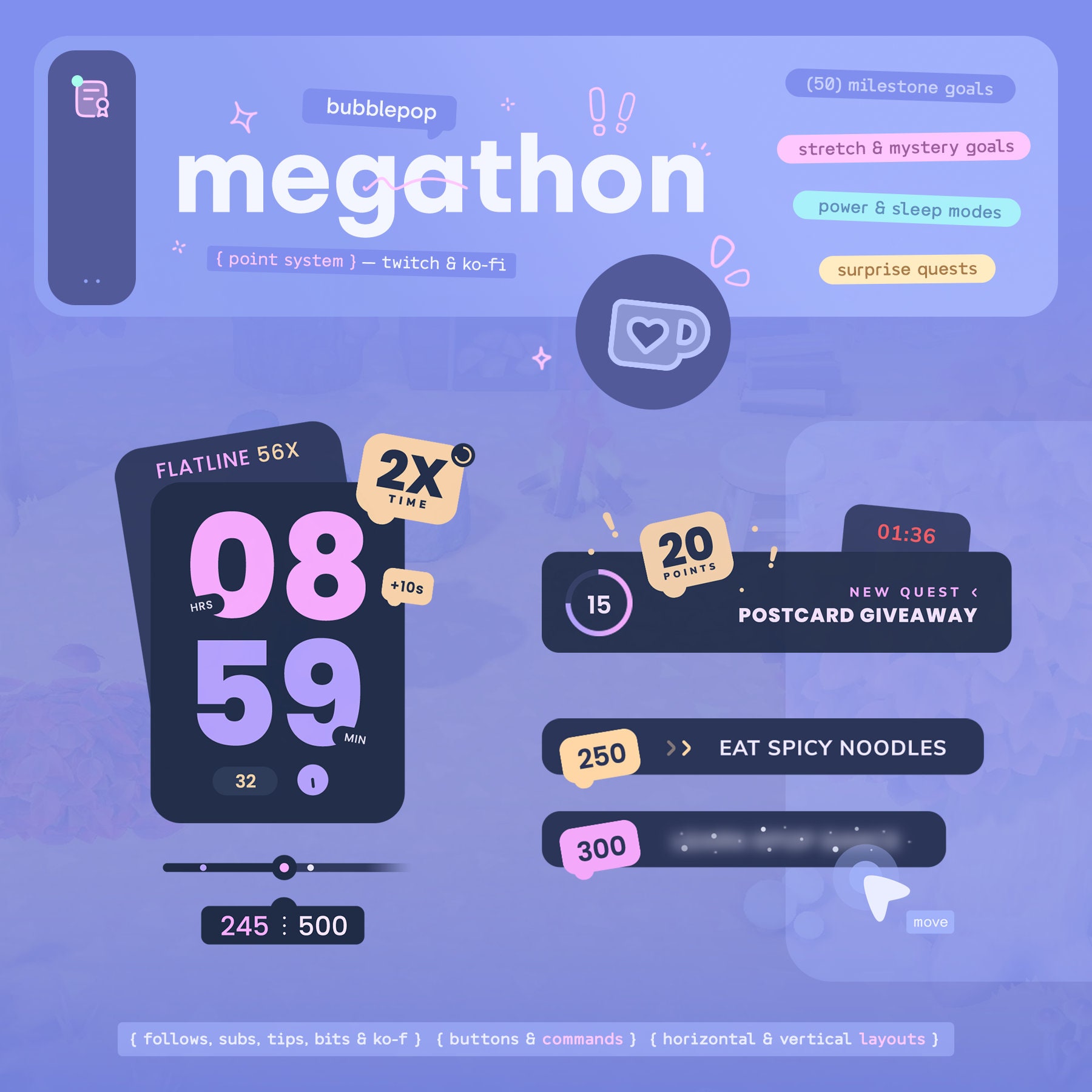 Megathon Widget Bundle — Timer, Meilenstein-Ziele & Überraschungsmissionen • Kombinierte Ereignisse, Anweisungen, Streamdeck / Twitch Ko-Fi StreamElements OBS