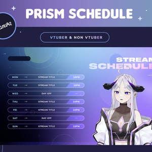 Może przedstawiać: Fioletowo-niebieskie tło z gradientem z czarno-białym harmonogramem dla streamera. Harmonogram zawiera dni tygodnia, tytuły strumieni i godziny. Streamer to postać anime z fioletowymi włosami, rogami i czarno-białym strojem.