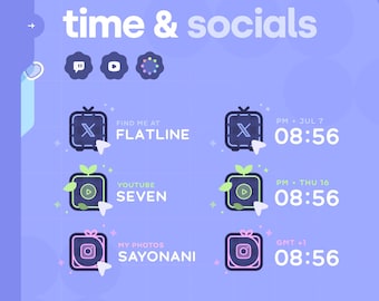 May include: A purple and blue digital widget with a time and date display and icons for social media platforms. The widget features a rotating social media icon display, a time and date display, and a customizable design. The text on the widget reads "time & socials", "FIND ME AT FLATLINE", "YOUTUBE SEVEN", "MY PHOTOS SAYONANI", "PM JUL 7 08:56", "PM THU 16 08:56", "GMT +1 08:56", "rotating socials", "time & date", and "fully customizable".