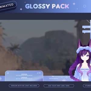 May include: Animated "Glossy Pack" overlay design for streamers. Features a purple-haired anime-style character with fox ears, a blue and purple color scheme, and text boxes for usernames and labels. Includes options for no chat and custom label bars.