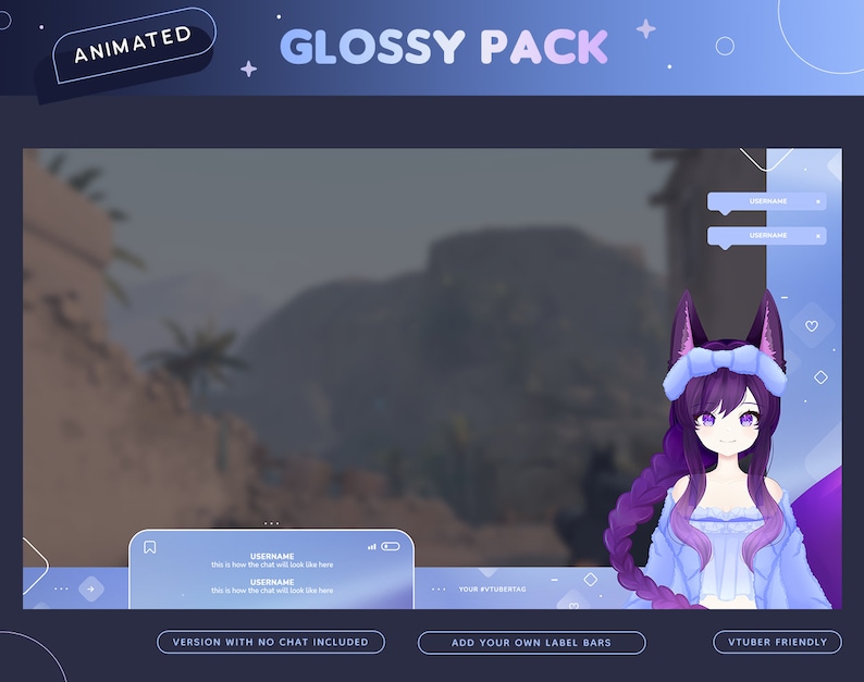 May include: Animated "Glossy Pack" overlay design for streamers. Features a purple-haired anime-style character with fox ears, a blue and purple color scheme, and text boxes for usernames and labels. Includes options for no chat and custom label bars.