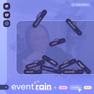 Puede incluir: Una captura de pantalla de una transmisión en vivo con el texto "event rain" que se muestra en la parte inferior de la pantalla. La pantalla está llena de varios nombres y números, incluidos "jasmine", "olivecat", "nani", "flatline", "sayonani", "saskia", "kayle", "jocando" y "seven".