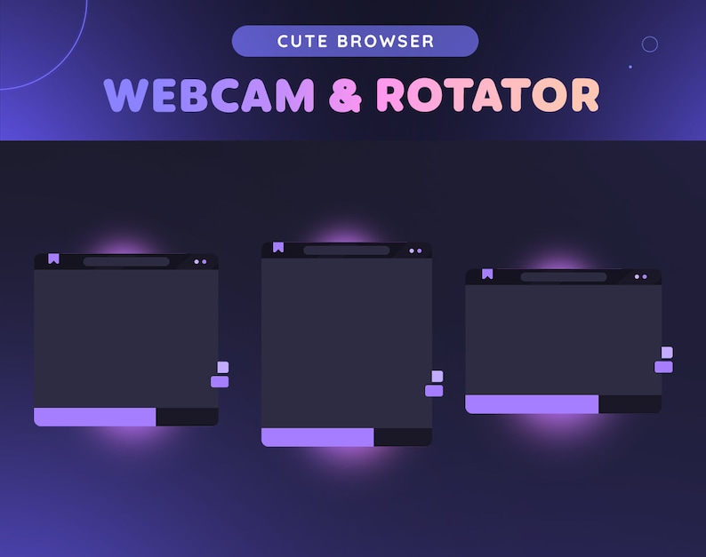 Pu&ograve; includere: Tre finestre del browser con un bagliore viola e rosa. Le finestre sono etichettate "WEB CAM & ROTATOR" e hanno uno sfondo grigio scuro.