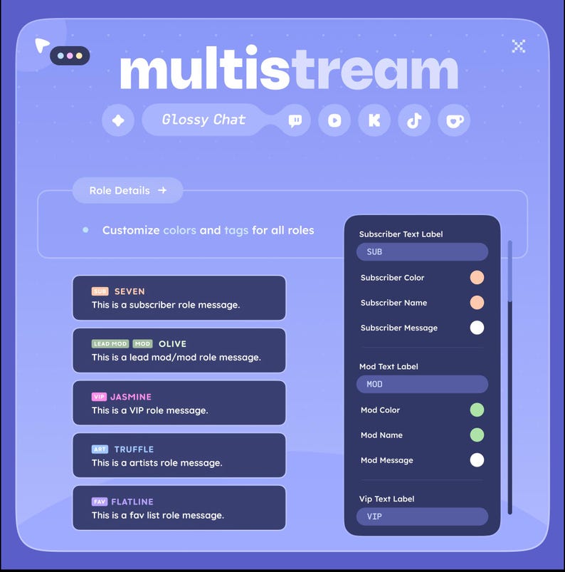 May include: A digital interface with the word "multistream" in white. The interface displays options for customizing colors and tags for roles, including subscriber, mod, and VIP. The interface is primarily blue and purple.