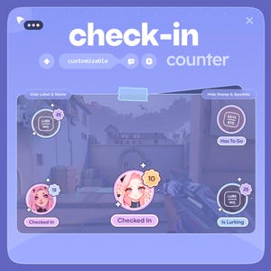 Może przedstawiać: Cyfrowy interfejs w odcieniach fioletu i niebieskiego z napisem "check-in counter". Zawiera elementy konfigurowalne, ikony profilu i wskaźniki statusu, takie jak "Checked In" i "Is Lurking".