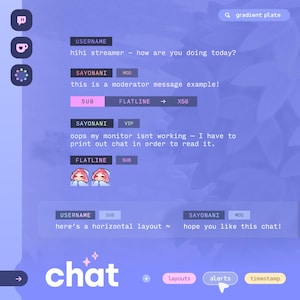 Puede incluir: Una captura de pantalla de una interfaz de chat con un fondo morado. La interfaz de chat tiene un cuadro de chat con mensajes de diferentes usuarios. El cuadro de chat tiene un campo de entrada de texto en la parte inferior. La interfaz de chat también tiene una barra de menú con opciones para diseños, alertas y marcas de tiempo.