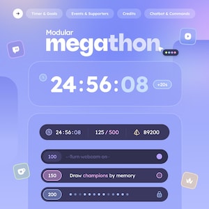 Peut inclure: Interface numérique violet et blanc affichant "Modular megathon". Un chronomètre indique "24:56:08". Des indicateurs de progression et des icônes sont également présents. L'interface est conçue pour afficher des informations et des commandes.