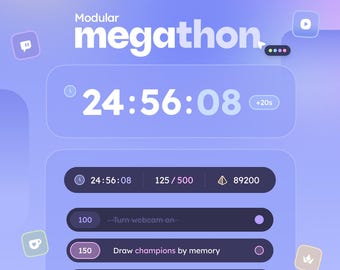 Modular Megathon ⟢ Up to (100) Goals • Timer, Top Supporters, Total Events & More • Twitch, Youtube Ko-fi Pally Throne ⋮ Streamelements OBS
