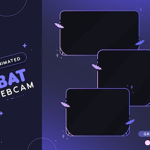 Puede incluir: Superposición de webcam animada con un fondo degradado morado y azul. Tres marcos rectangulares negros con un contorno blanco están dispuestos en forma escalonada. Murciélagos y estrellas están dispersos alrededor de los marcos. El texto "ANIMATED BAT WEBCAM" está en la esquina superior izquierda. El texto "GRADIENT" está en la esquina inferior derecha con tres muestras de color.