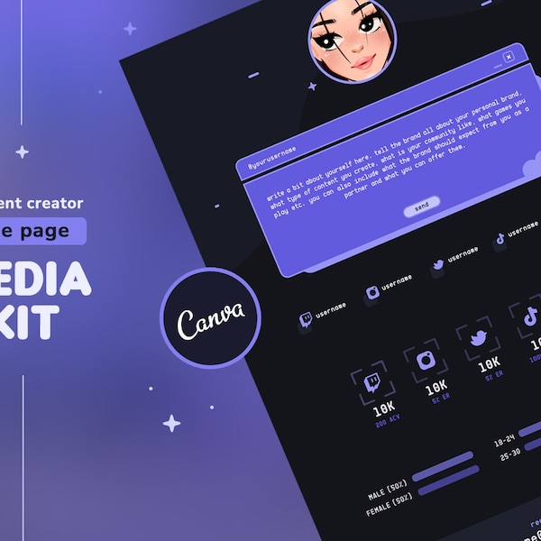 Modèle de kit multimédia pour les créateurs de contenu | 1 page Purple Cute Retro Aesthetic Mediakit pour les streamers et les influenceurs | Canva & PS Compatible