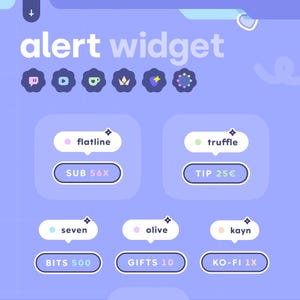 以下が含まれることがあります： 「alert widget」のテキストといくつかのアイコンが描かれた、薄紫色のグラフィック。 下には、「flatline」、「truffle」、「seven」、「olive」、「kayn」などのテキストが入った6つの色のボックスがあります。 各ボックスには、「SUB 56X」、「TIP 25€」、「BITS 500」などの追加テキストがあります。