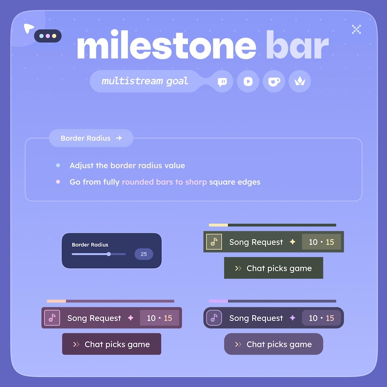 May include: A digital interface design with the text "milestone bar" in white. The design includes a slider labeled "Border Radius" and several interactive elements with text like "Song Request" and "Chat picks game". The background is a gradient of purple and blue.