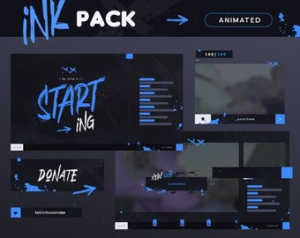 Animated Blue Ink Twitch Pack | Grunge Ink Brush Streamer Package | Overlays, Transition, Panels, Alerts, Webcam, Banners | Vtuber | OBS